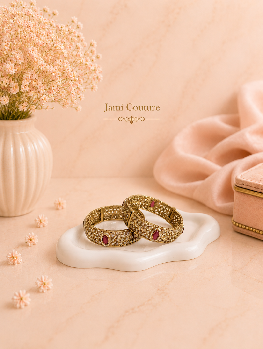 Antique Gold Kundan Openable Bangles with Ruby Accents | Traditional Temple Jewelry (Set of 2)