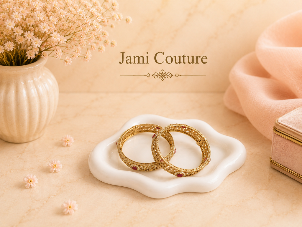 Antique Gold Kundan Openable Bangles with Ruby Accents | Traditional Temple Jewelry (Set of 2)