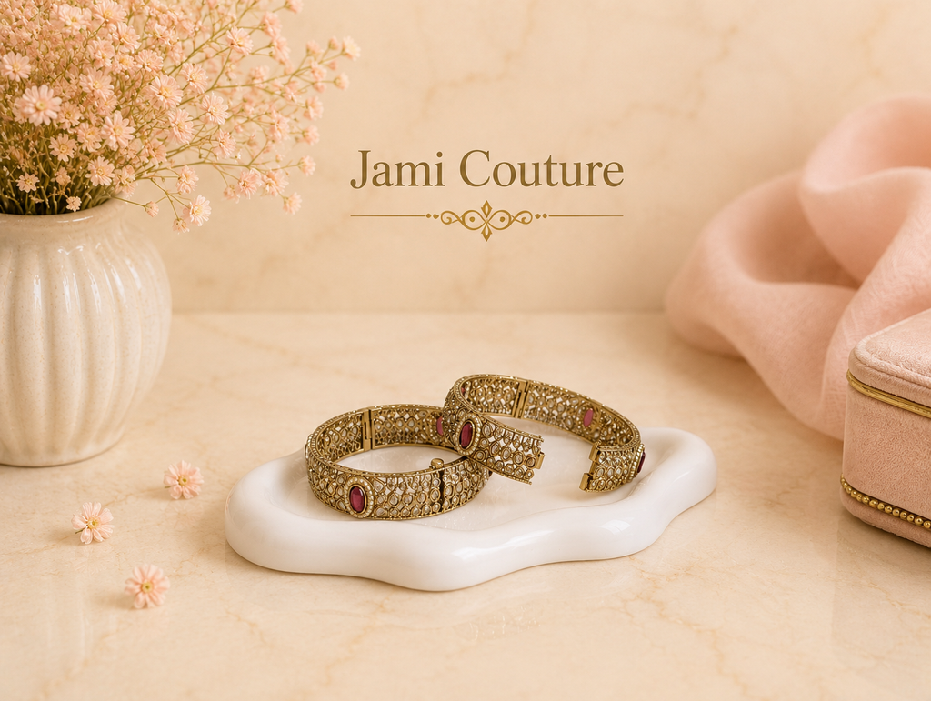 Antique Gold Kundan Openable Bangles with Ruby Accents | Traditional Temple Jewelry (Set of 2)
