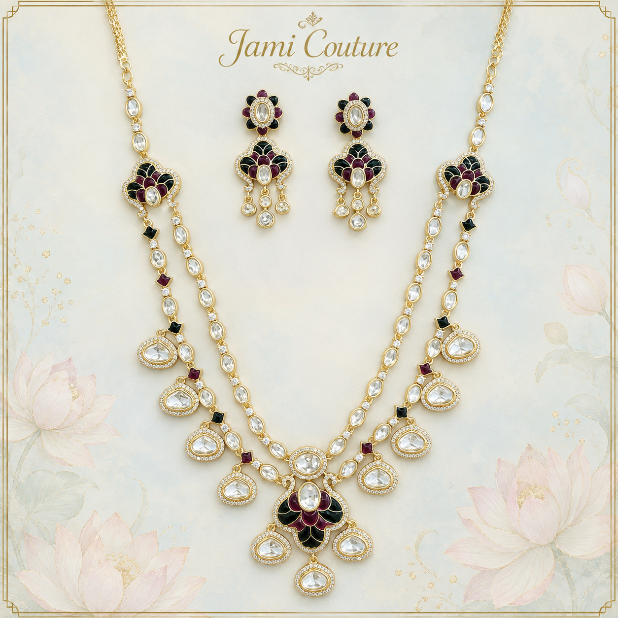 Ruby, Green & White Kundan Layered Necklace Set with Matching Earrings | Gold-Toned Statement Bridal Jewelry