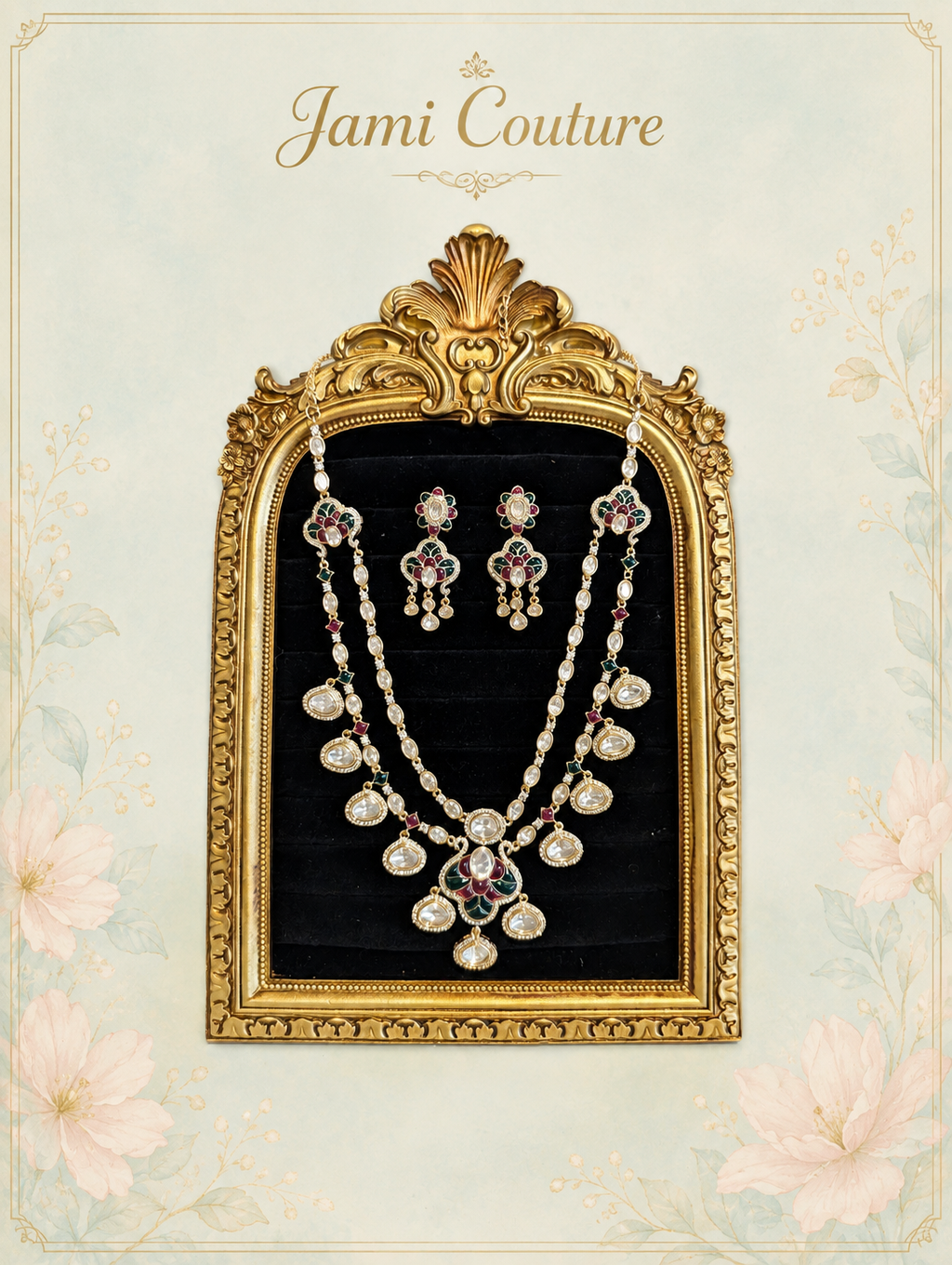 Ruby, Green & White Kundan Layered Necklace Set with Matching Earrings | Gold-Toned Statement Bridal Jewelry