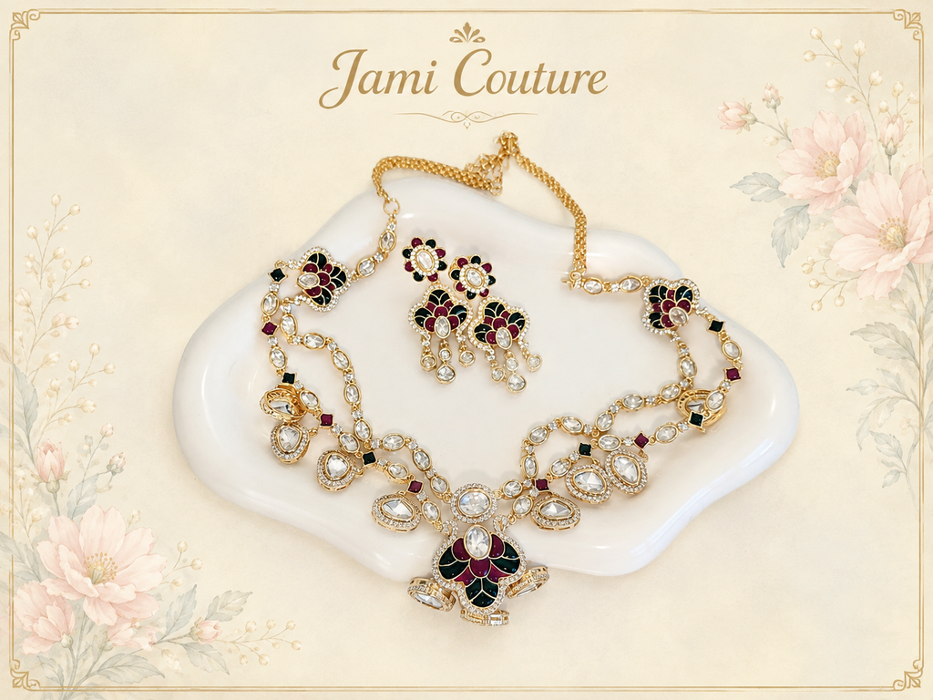 Ruby, Green & White Kundan Layered Necklace Set with Matching Earrings | Gold-Toned Statement Bridal Jewelry