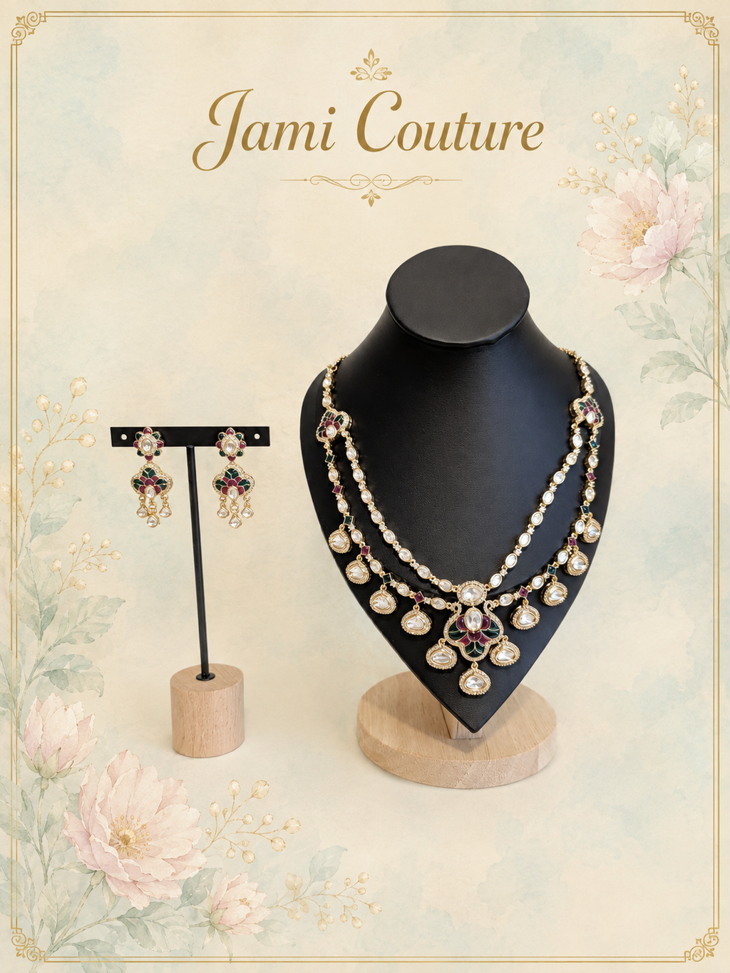 Ruby, Green & White Kundan Layered Necklace Set with Matching Earrings | Gold-Toned Statement Bridal Jewelry