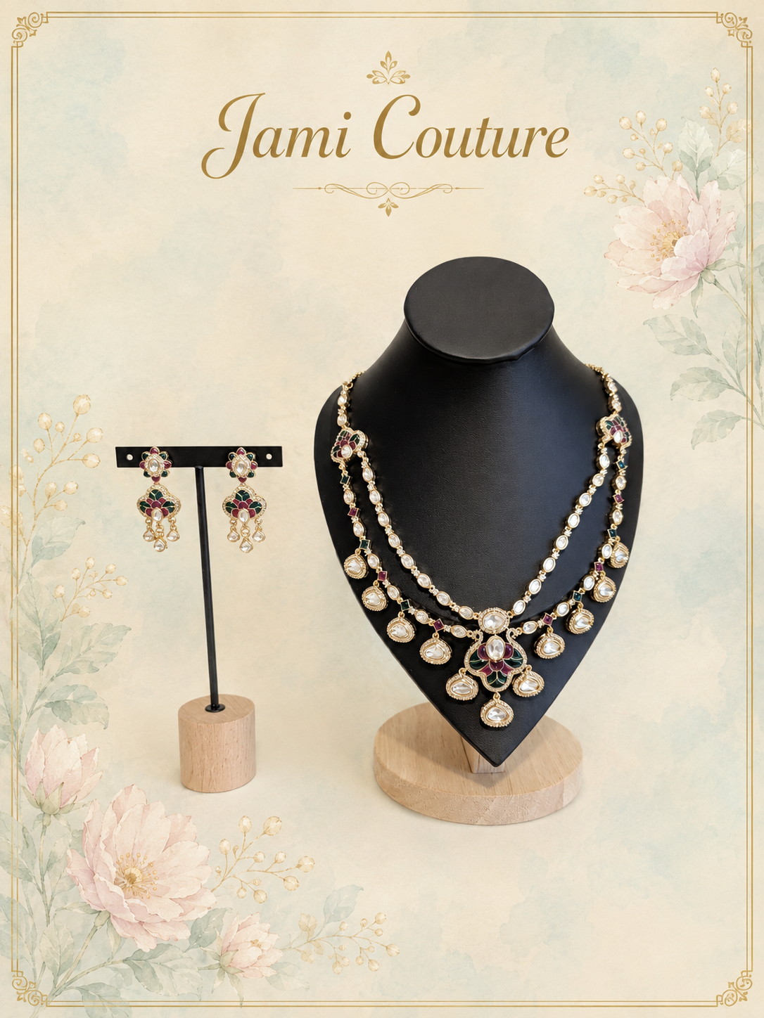 Ruby, Green & White Kundan Layered Necklace Set with Matching Earrings | Gold-Toned Statement Bridal Jewelry