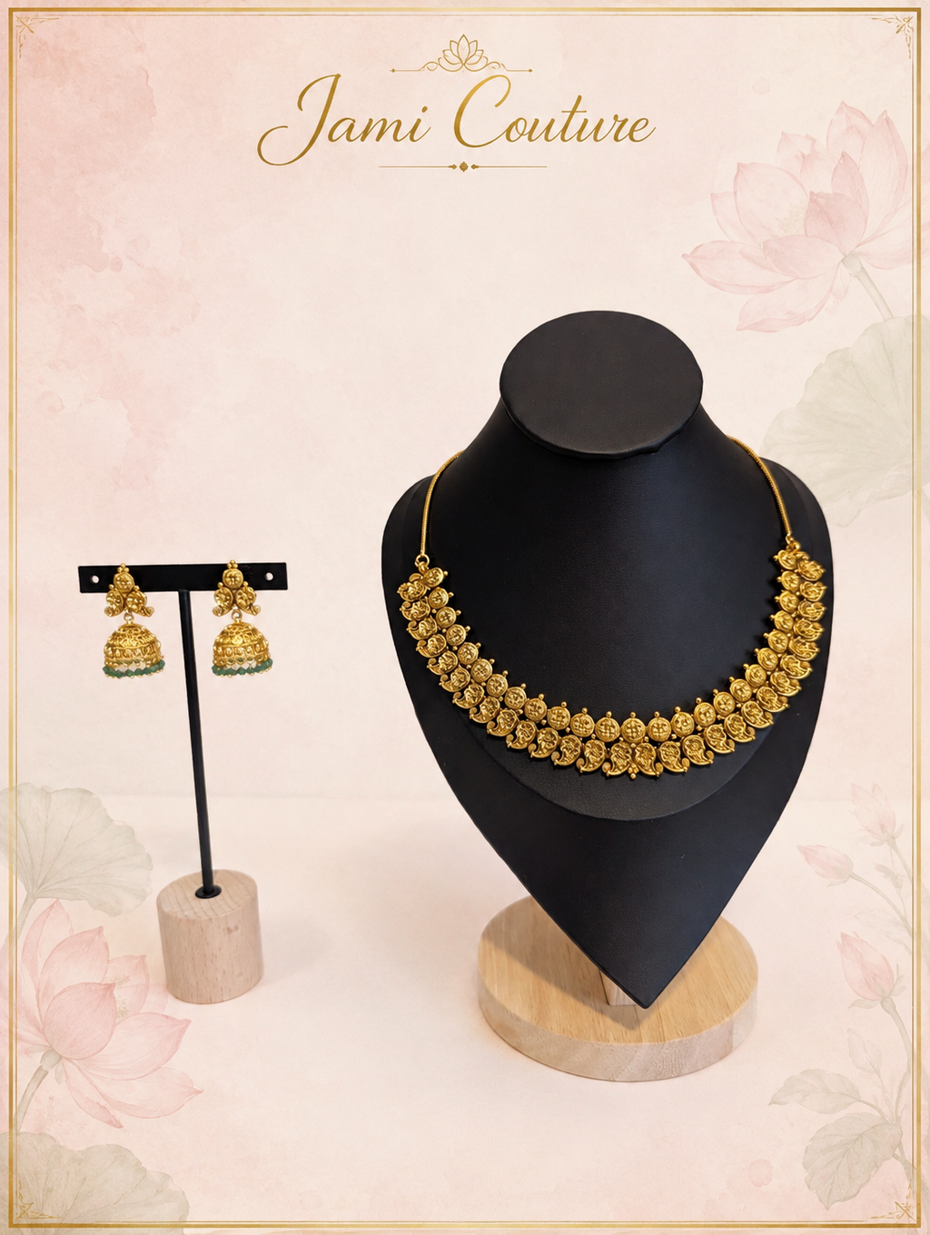 Antique Gold Floral Mango Necklace Set with Green Bead Jhumka Earrings | Traditional Temple Jewelry
