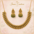 Antique Gold Floral Mango Necklace Set with Green Bead Jhumka Earrings | Traditional Temple Jewelry
