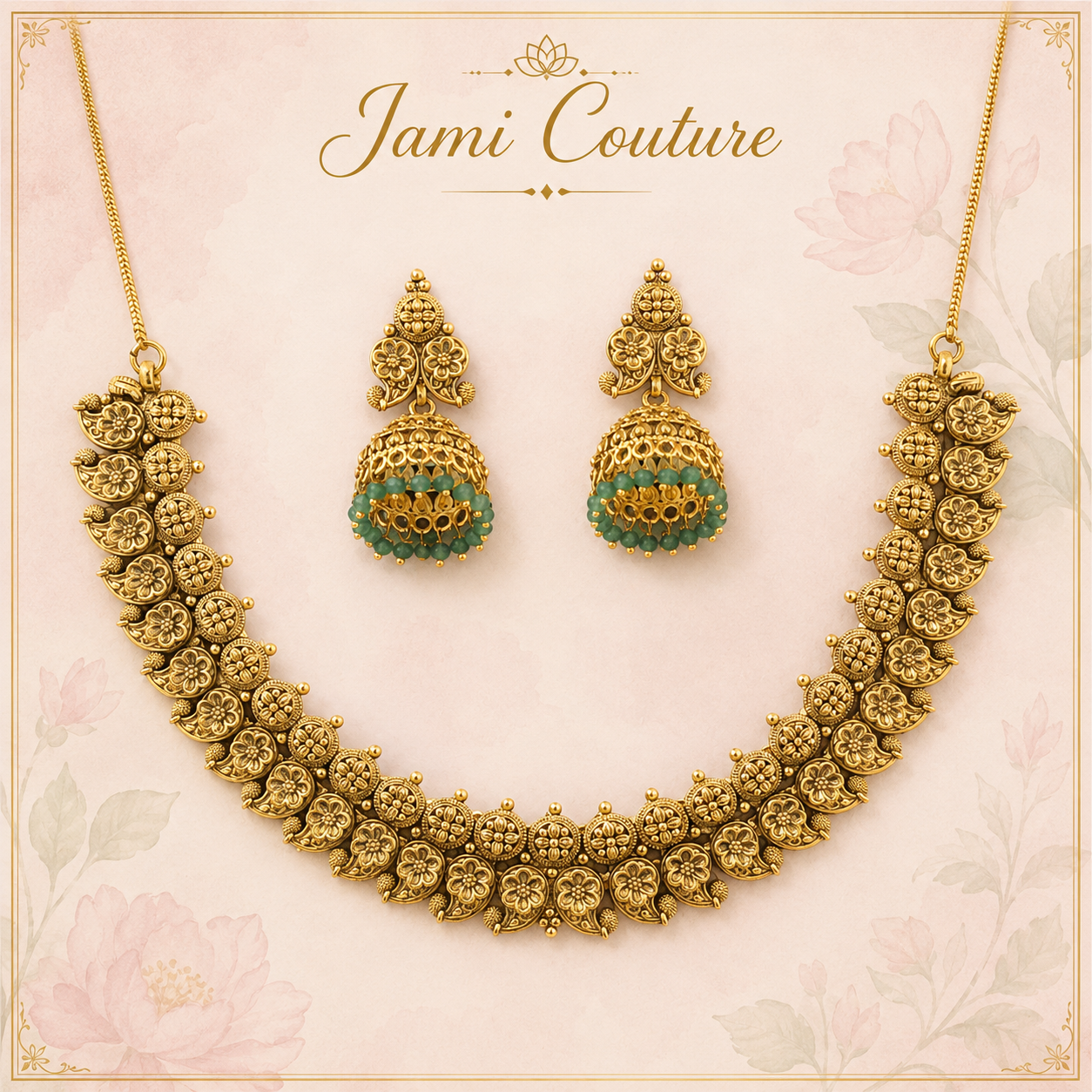 Antique Gold Floral Mango Necklace Set with Green Bead Jhumka Earrings | Traditional Temple Jewelry