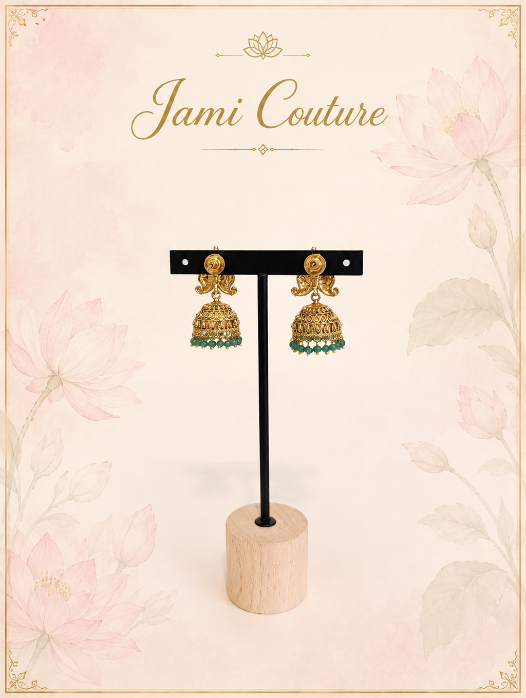 Antique Gold Floral Mango Necklace Set with Green Bead Jhumka Earrings | Traditional Temple Jewelry
