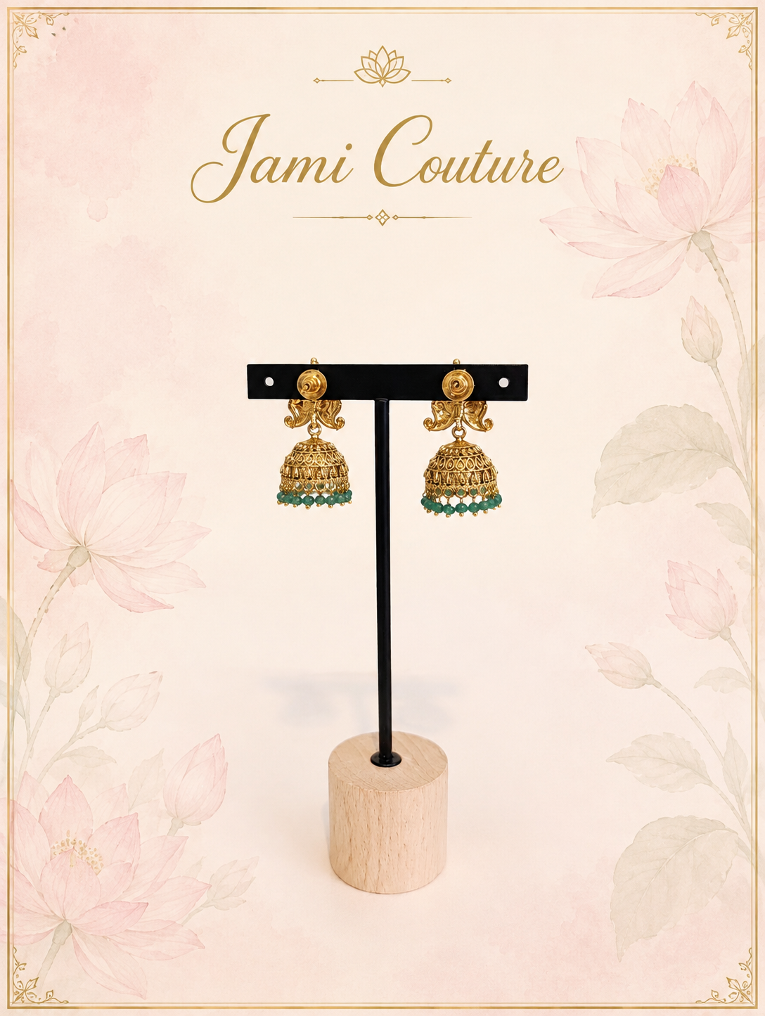 Antique Gold Floral Mango Necklace Set with Green Bead Jhumka Earrings | Traditional Temple Jewelry
