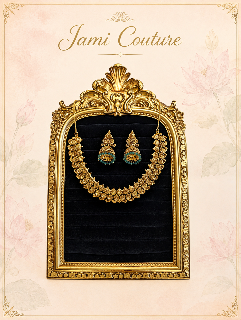 Antique Gold Floral Mango Necklace Set with Green Bead Jhumka Earrings | Traditional Temple Jewelry