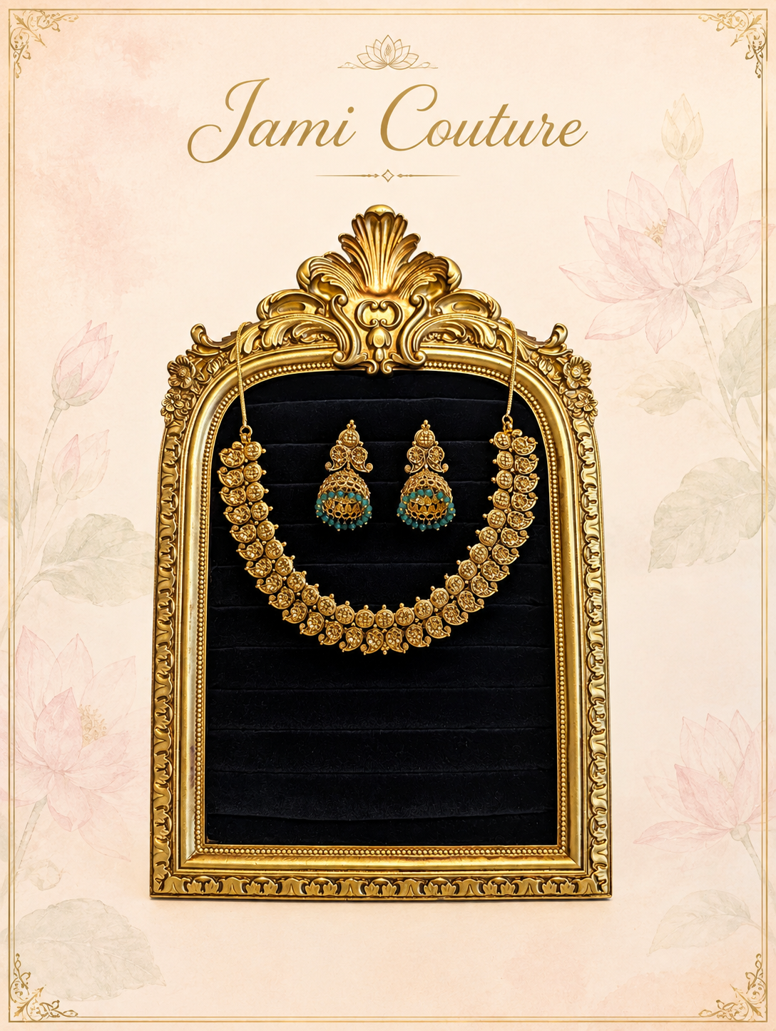 Antique Gold Floral Mango Necklace Set with Green Bead Jhumka Earrings | Traditional Temple Jewelry