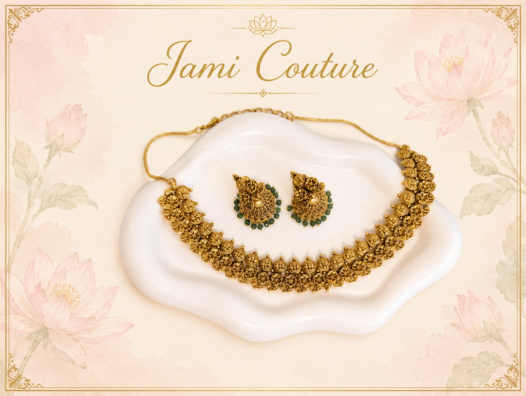 Antique Gold Floral Mango Necklace Set with Green Bead Jhumka Earrings | Traditional Temple Jewelry