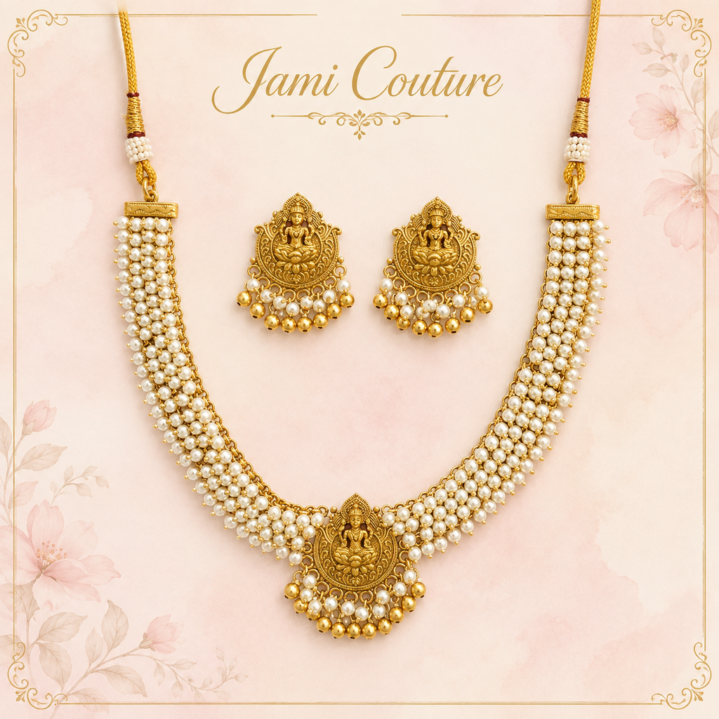 Antique Gold Lakshmi Pearl Cluster Necklace Set with Matching Earrings | Traditional Temple Jewelry