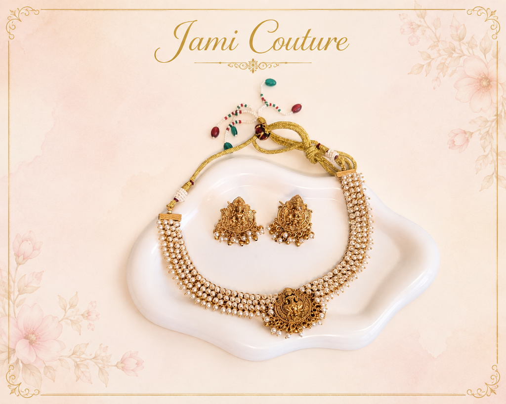 Antique Gold Lakshmi Pearl Cluster Necklace Set with Matching Earrings | Traditional Temple Jewelry