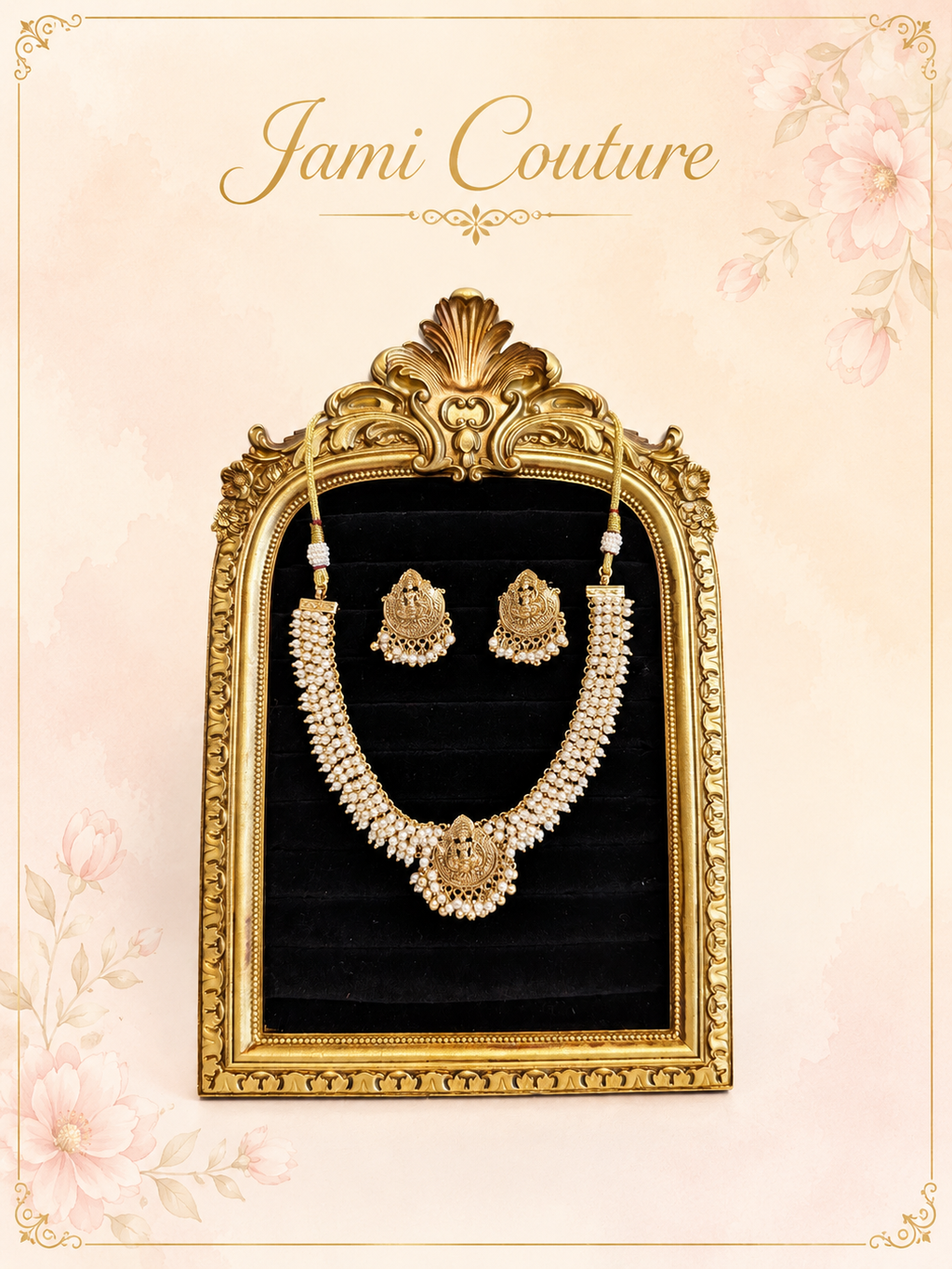 Antique Gold Lakshmi Pearl Cluster Necklace Set with Matching Earrings | Traditional Temple Jewelry
