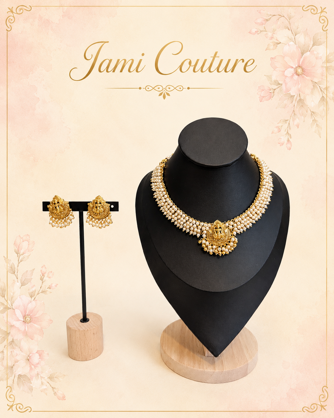 Antique Gold Lakshmi Pearl Cluster Necklace Set with Matching Earrings | Traditional Temple Jewelry