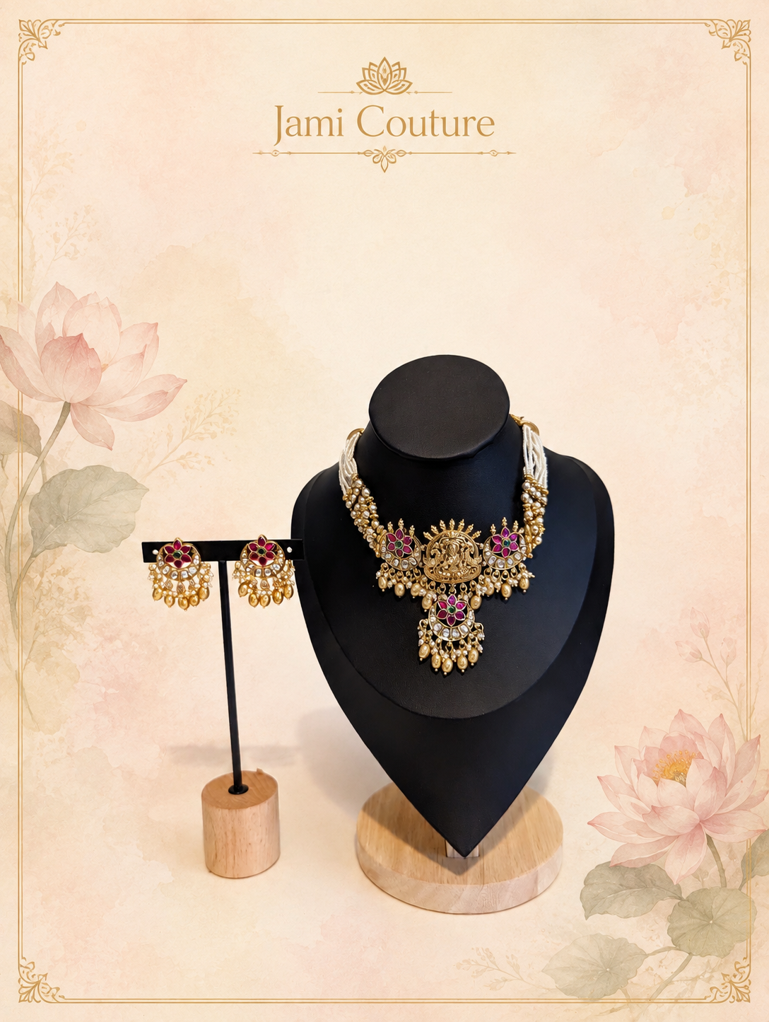 Antique Gold Lakshmi Temple Necklace Set with Ruby, Green Kundan & Pearl Drops | Traditional Bridal Jewelry