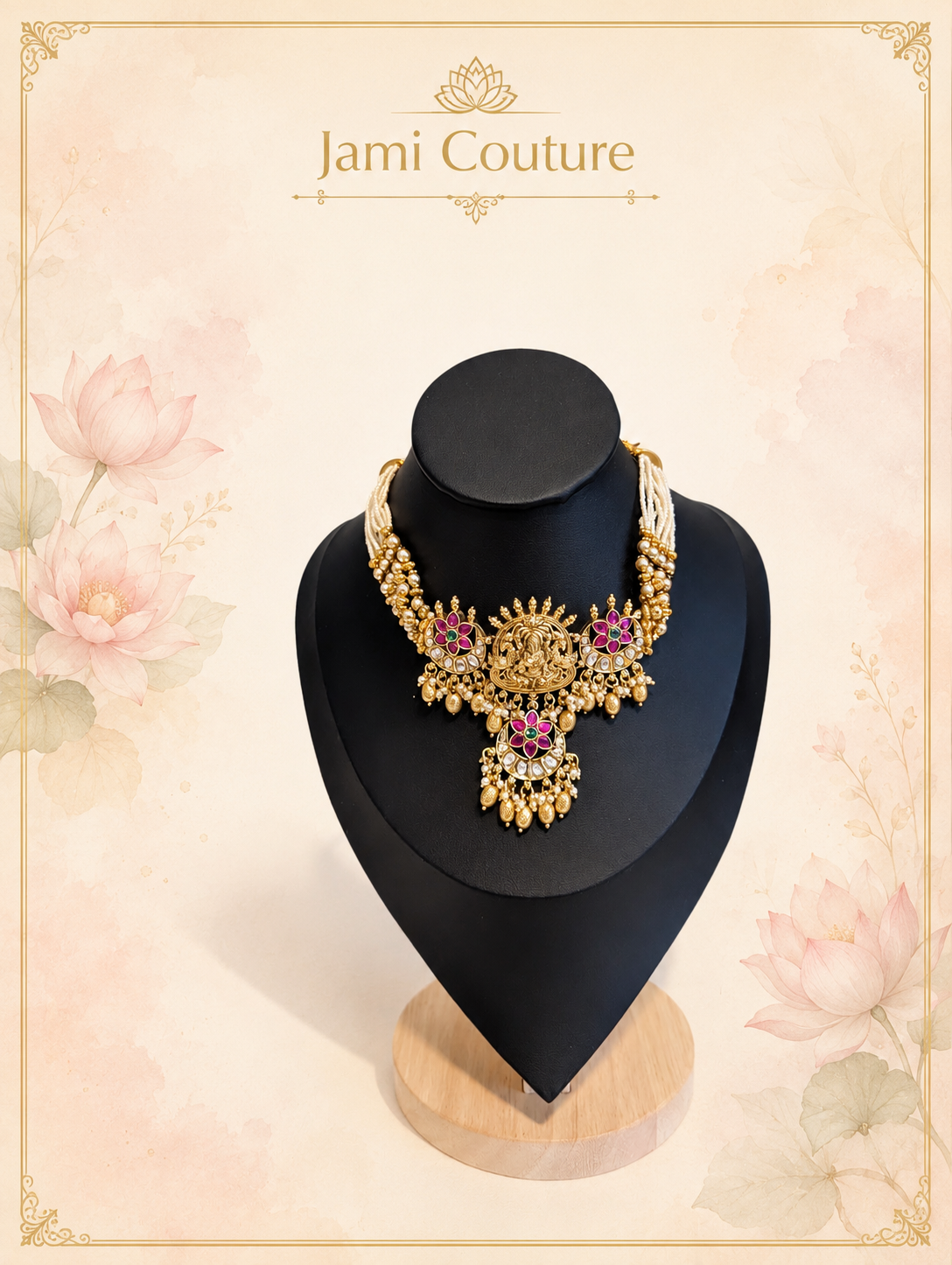 Antique Gold Lakshmi Temple Necklace Set with Ruby, Green Kundan & Pearl Drops | Traditional Bridal Jewelry