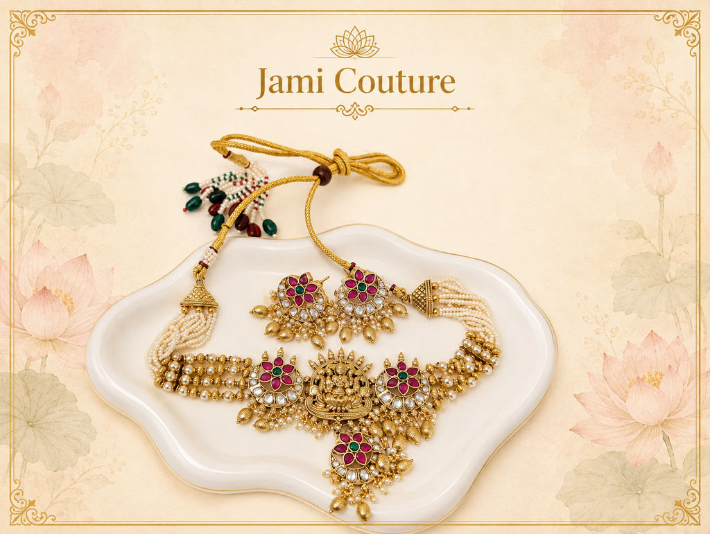 Antique Gold Lakshmi Temple Necklace Set with Ruby, Green Kundan & Pearl Drops | Traditional Bridal Jewelry