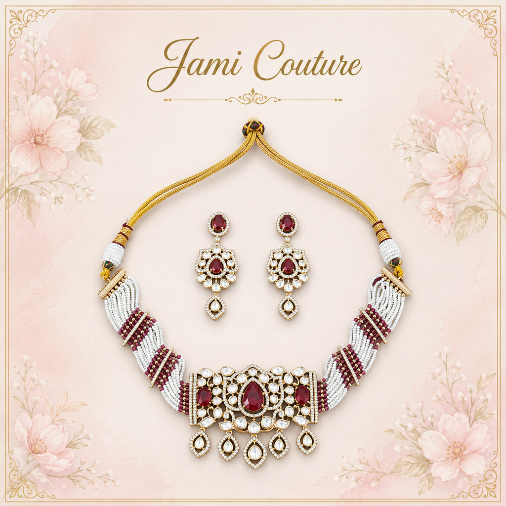 Ruby & Kundan Pearl Choker Set with Matching Earrings | Gold-Toned Bridal Jewelry