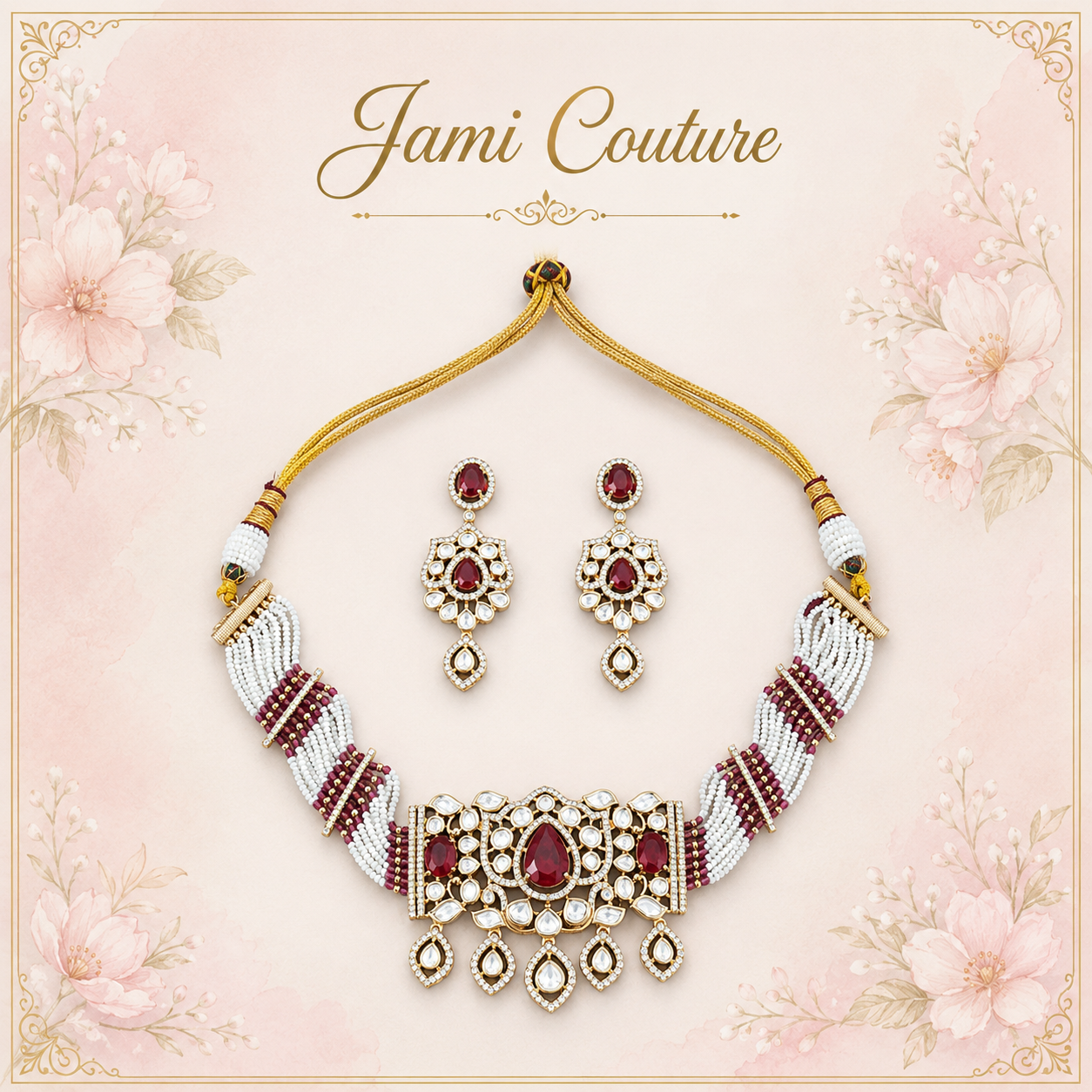 Ruby & Kundan Pearl Choker Set with Matching Earrings | Gold-Toned Bridal Jewelry