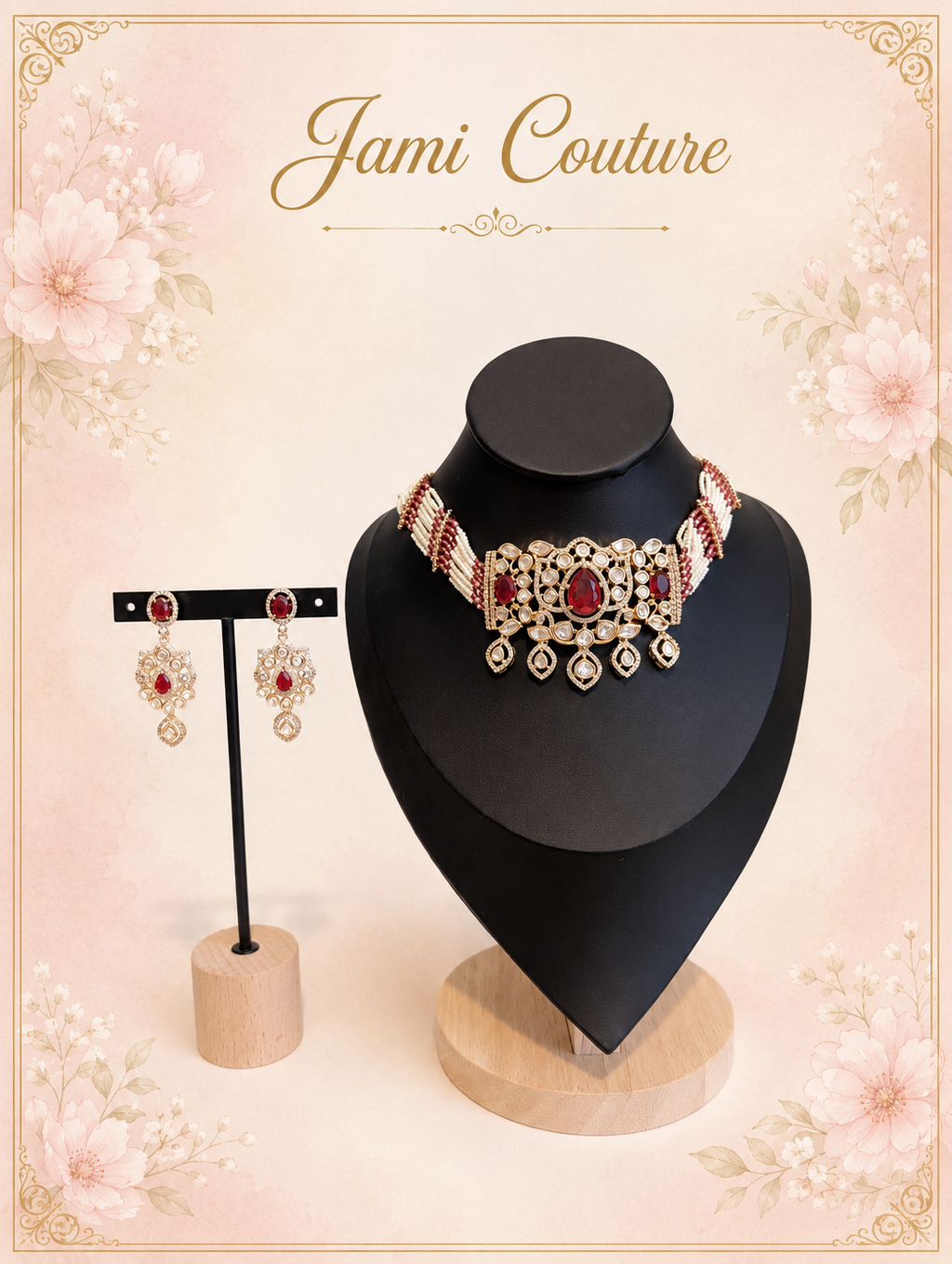 Ruby & Kundan Pearl Choker Set with Matching Earrings | Gold-Toned Bridal Jewelry