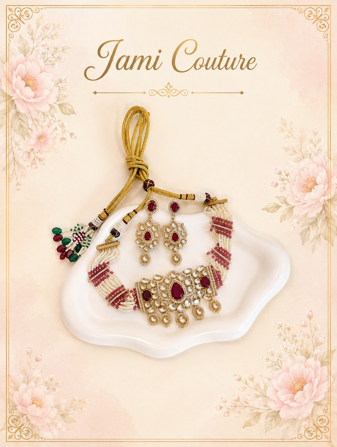 Ruby & Kundan Pearl Choker Set with Matching Earrings | Gold-Toned Bridal Jewelry