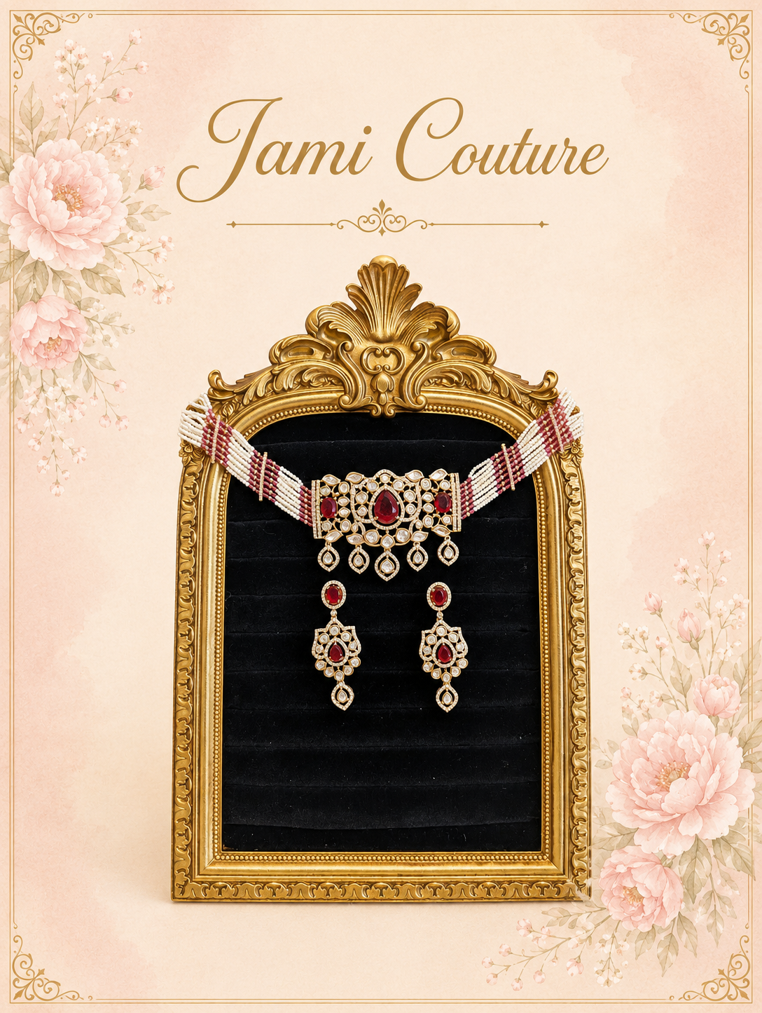 Ruby & Kundan Pearl Choker Set with Matching Earrings | Gold-Toned Bridal Jewelry