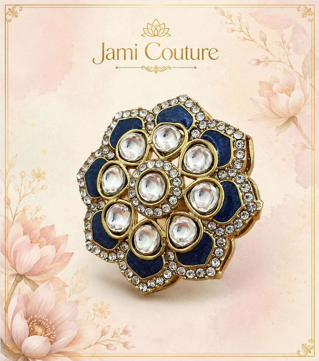 Blue Enamel & White Kundan Floral Statement Ring | Gold-Toned Adjustable Indo-Western Jewelry