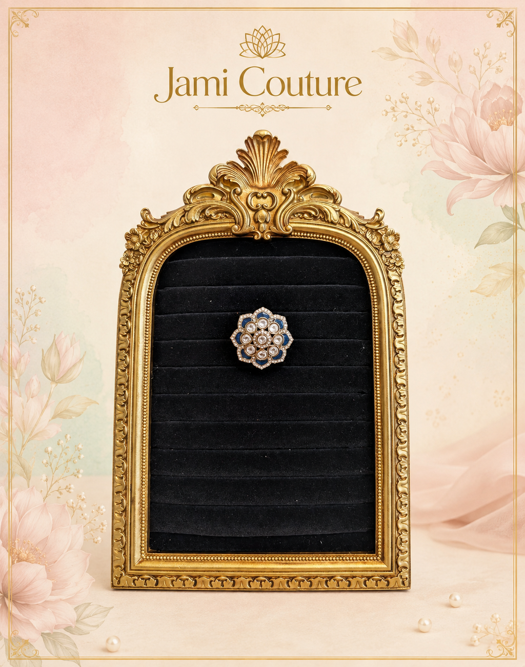 Blue Enamel & White Kundan Floral Statement Ring | Gold-Toned Adjustable Indo-Western Jewelry