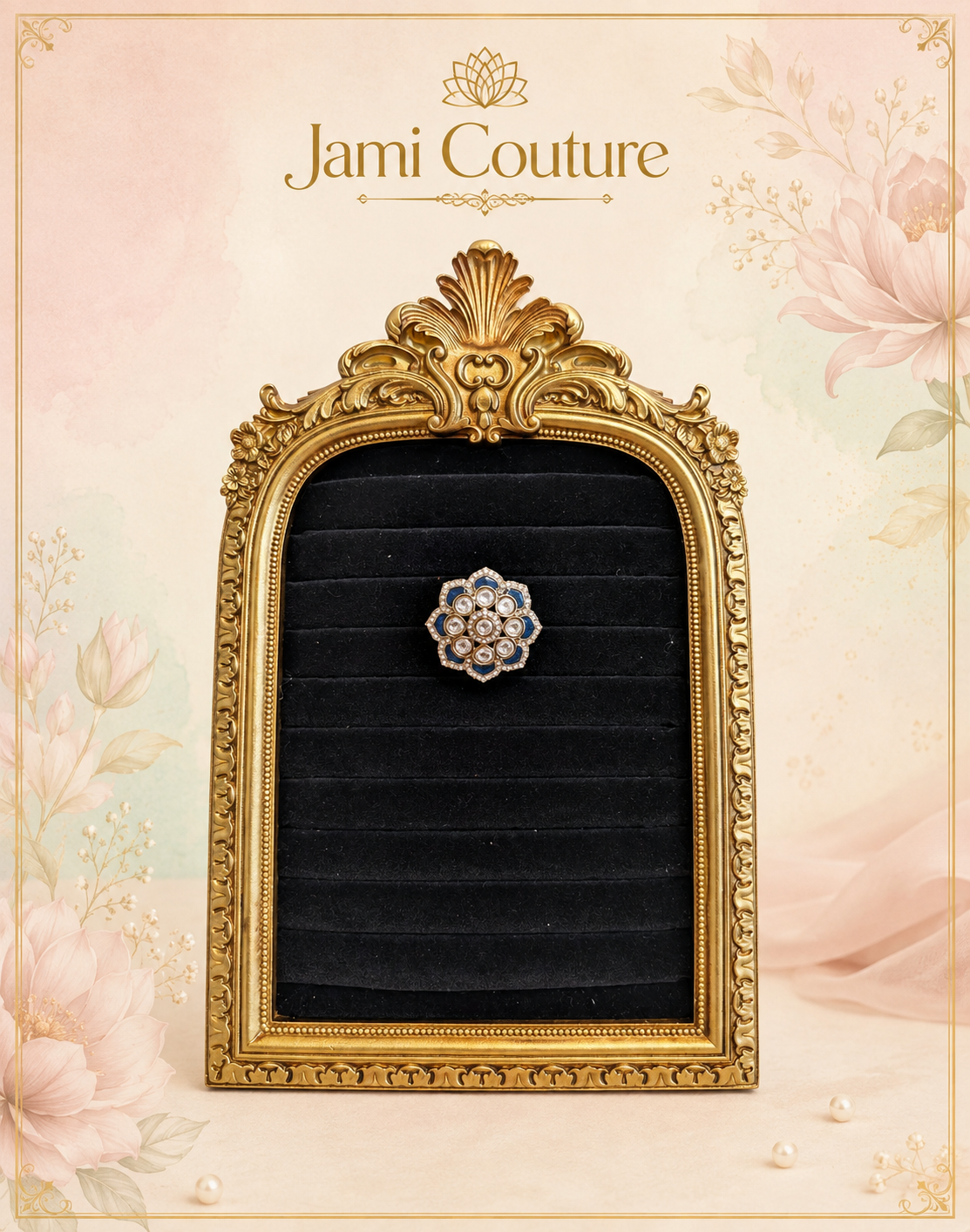 Blue Enamel & White Kundan Floral Statement Ring | Gold-Toned Adjustable Indo-Western Jewelry