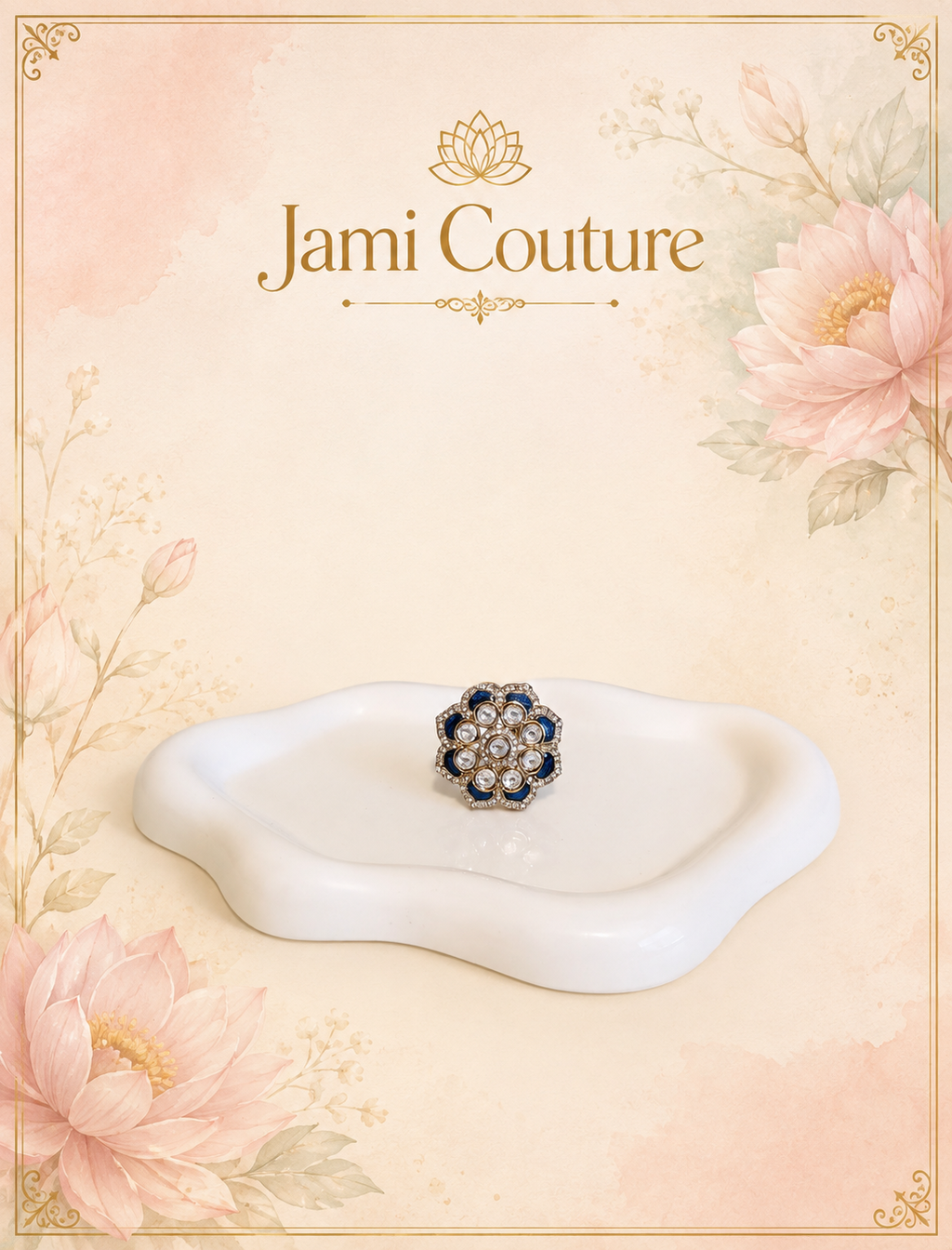 Blue Enamel & White Kundan Floral Statement Ring | Gold-Toned Adjustable Indo-Western Jewelry