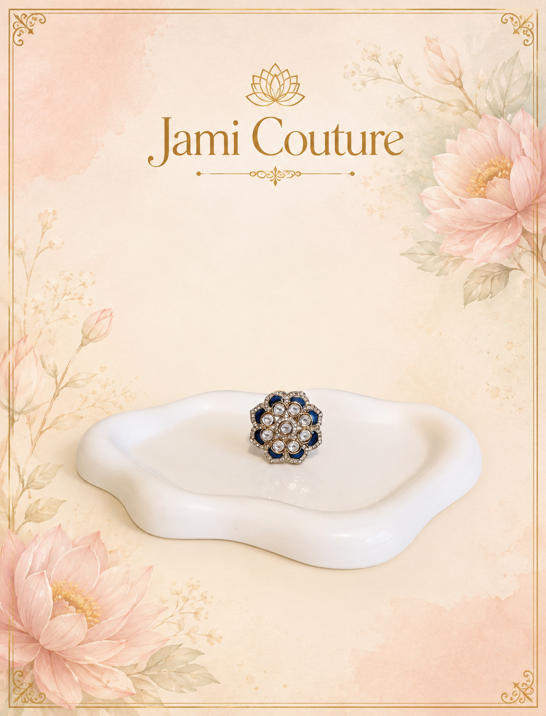 Blue Enamel & White Kundan Floral Statement Ring | Gold-Toned Adjustable Indo-Western Jewelry