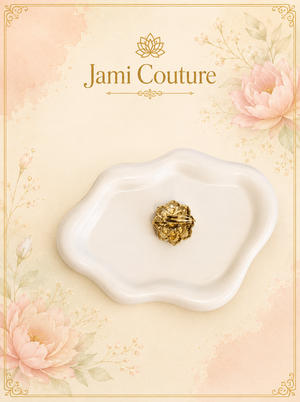Blue Enamel & White Kundan Floral Statement Ring | Gold-Toned Adjustable Indo-Western Jewelry