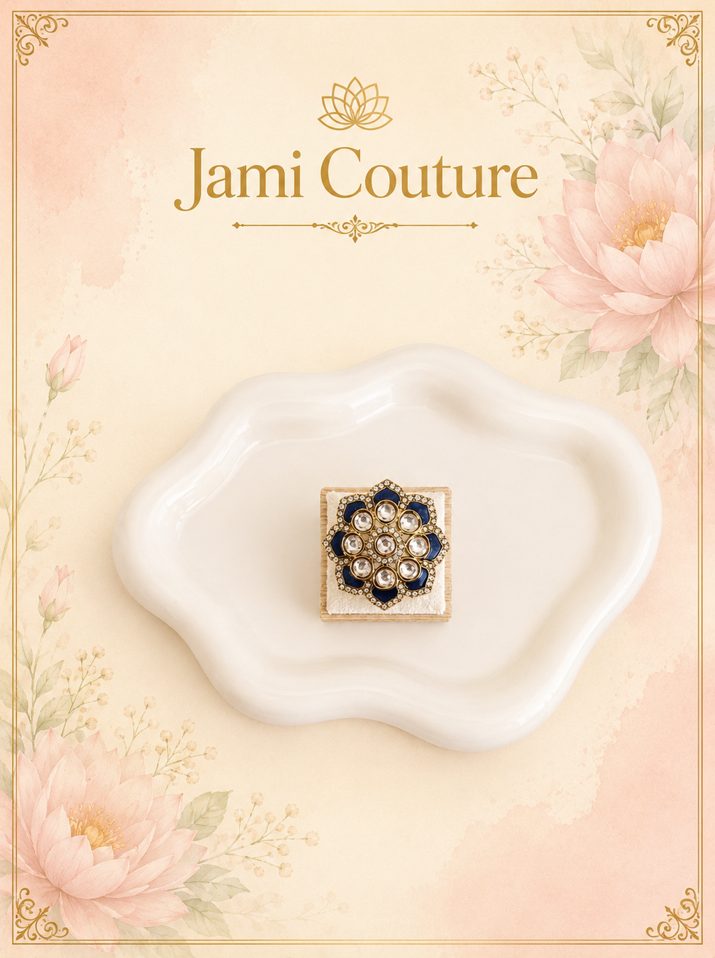 Blue Enamel & White Kundan Floral Statement Ring | Gold-Toned Adjustable Indo-Western Jewelry