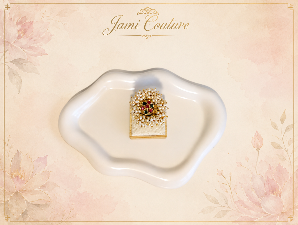 Pearl Cluster Statement Ring with Ruby & Emerald Floral Center | Gold-Toned Adjustable Temple Jewelry