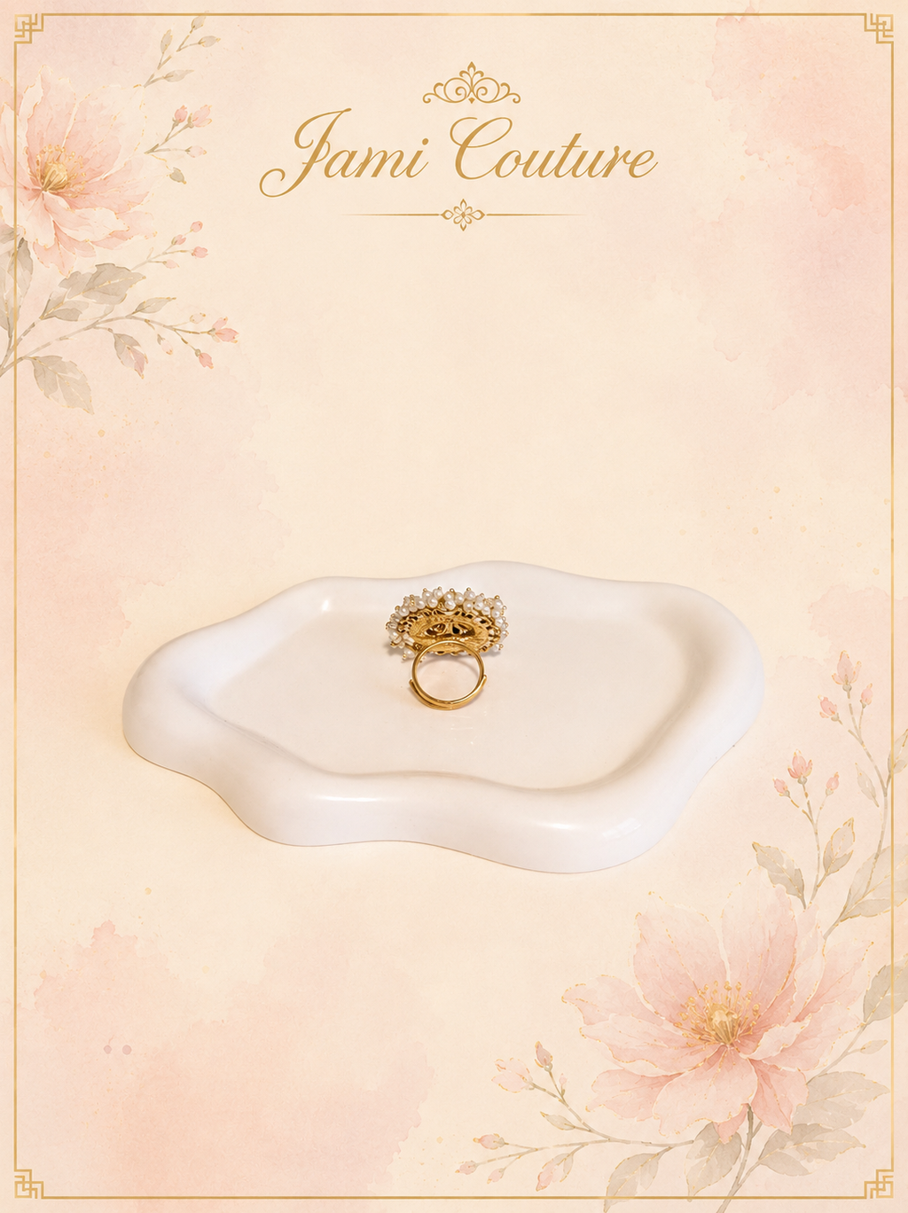 Pearl Cluster Statement Ring with Ruby & Emerald Floral Center | Gold-Toned Adjustable Temple Jewelry