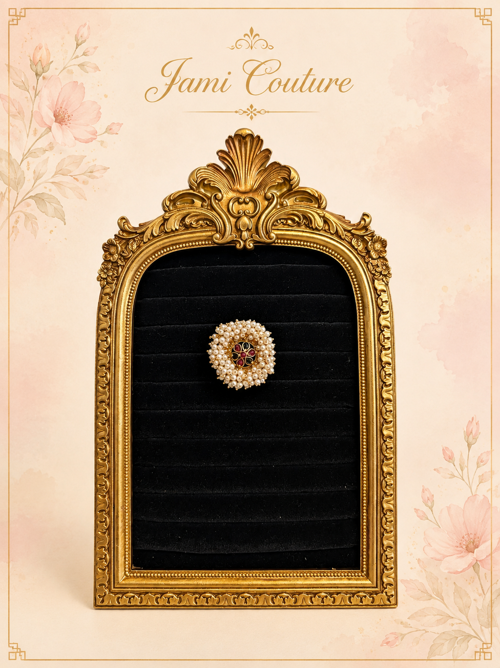 Pearl Cluster Statement Ring with Ruby & Emerald Floral Center | Gold-Toned Adjustable Temple Jewelry