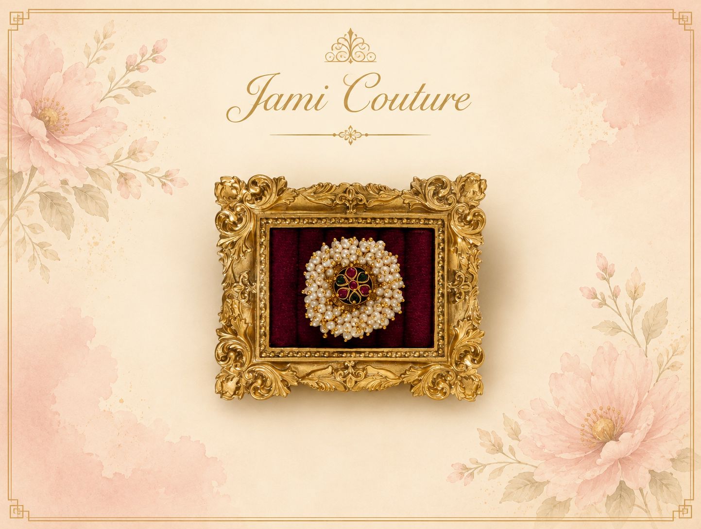 Pearl Cluster Statement Ring with Ruby & Emerald Floral Center | Gold-Toned Adjustable Temple Jewelry