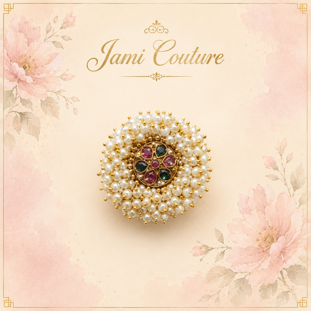 Pearl Cluster Statement Ring with Ruby & Emerald Floral Center | Gold-Toned Adjustable Temple Jewelry