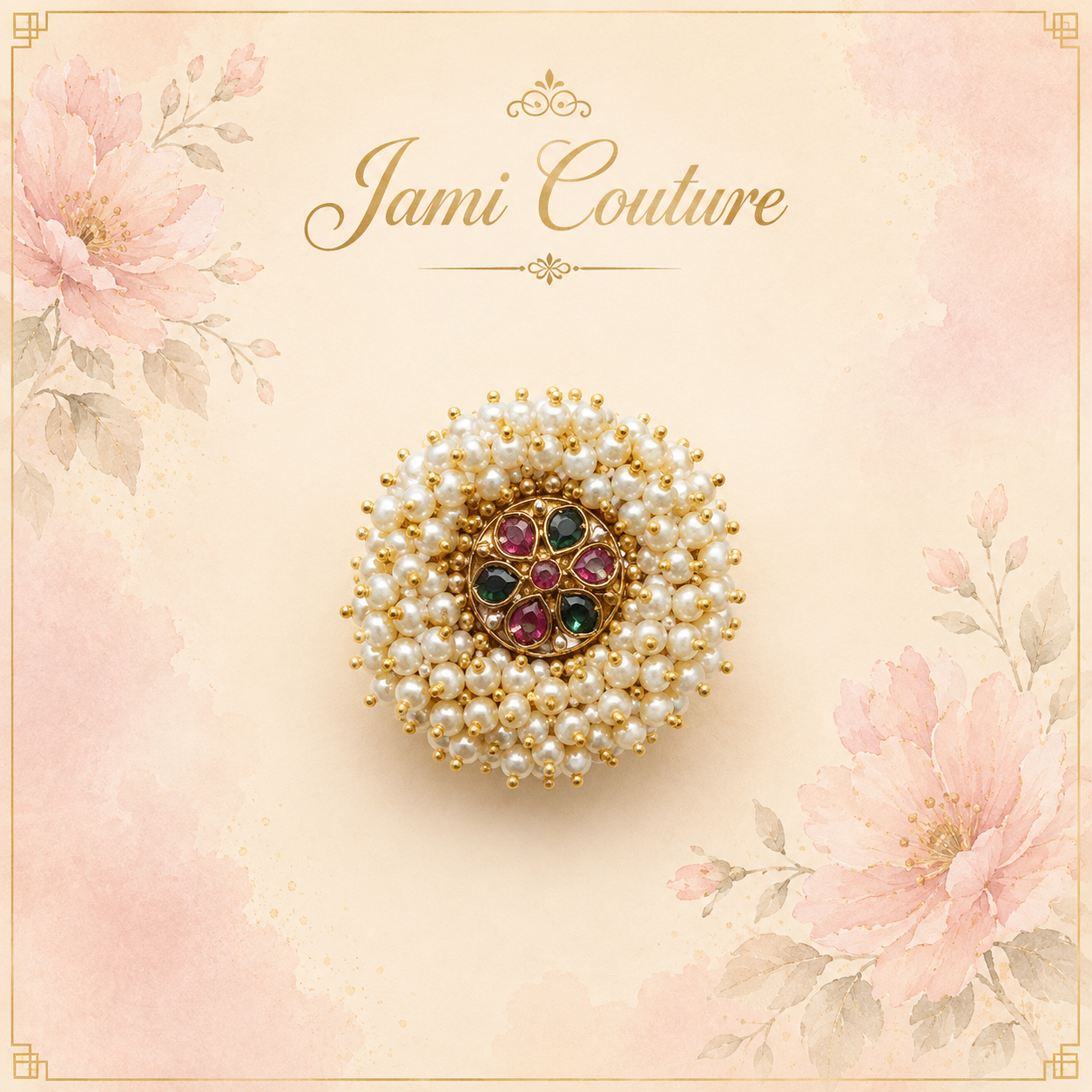 Pearl Cluster Statement Ring with Ruby & Emerald Floral Center | Gold-Toned Adjustable Temple Jewelry