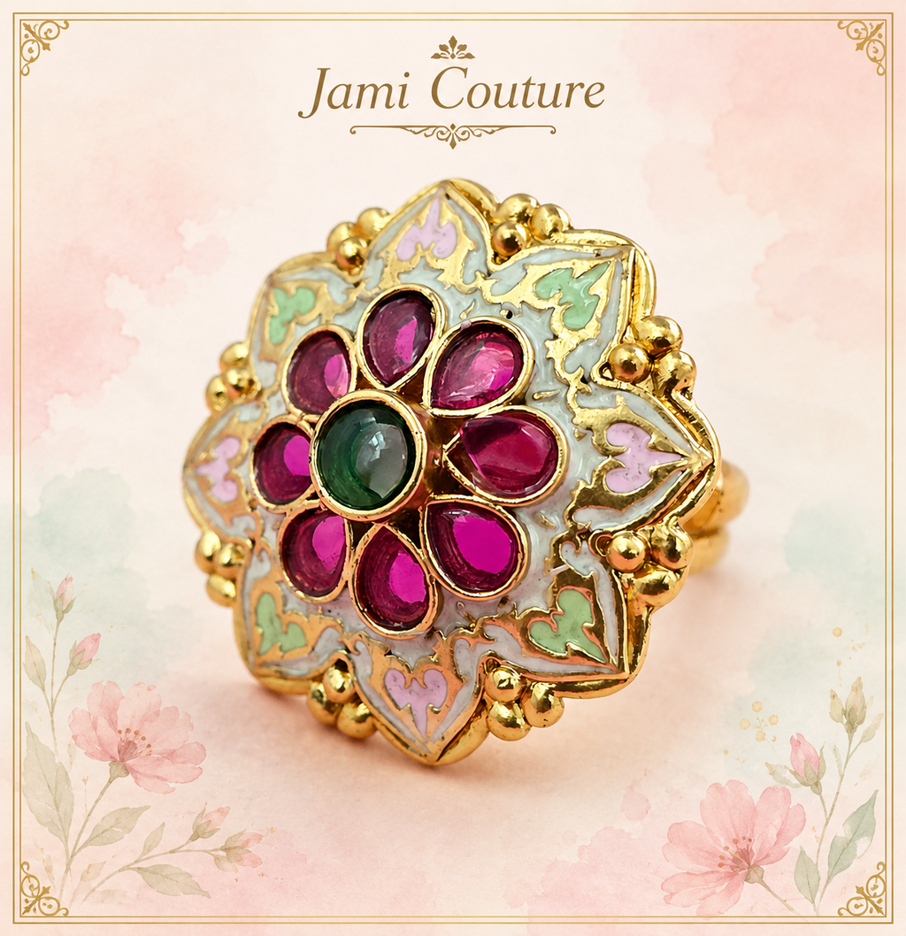 Ruby & Emerald Kundan Floral Meenakari Statement Ring | Gold-Toned Adjustable Temple Jewelry