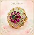 Ruby & Emerald Kundan Floral Meenakari Statement Ring | Gold-Toned Adjustable Temple Jewelry