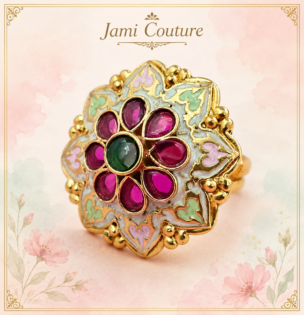 Ruby & Emerald Kundan Floral Meenakari Statement Ring | Gold-Toned Adjustable Temple Jewelry