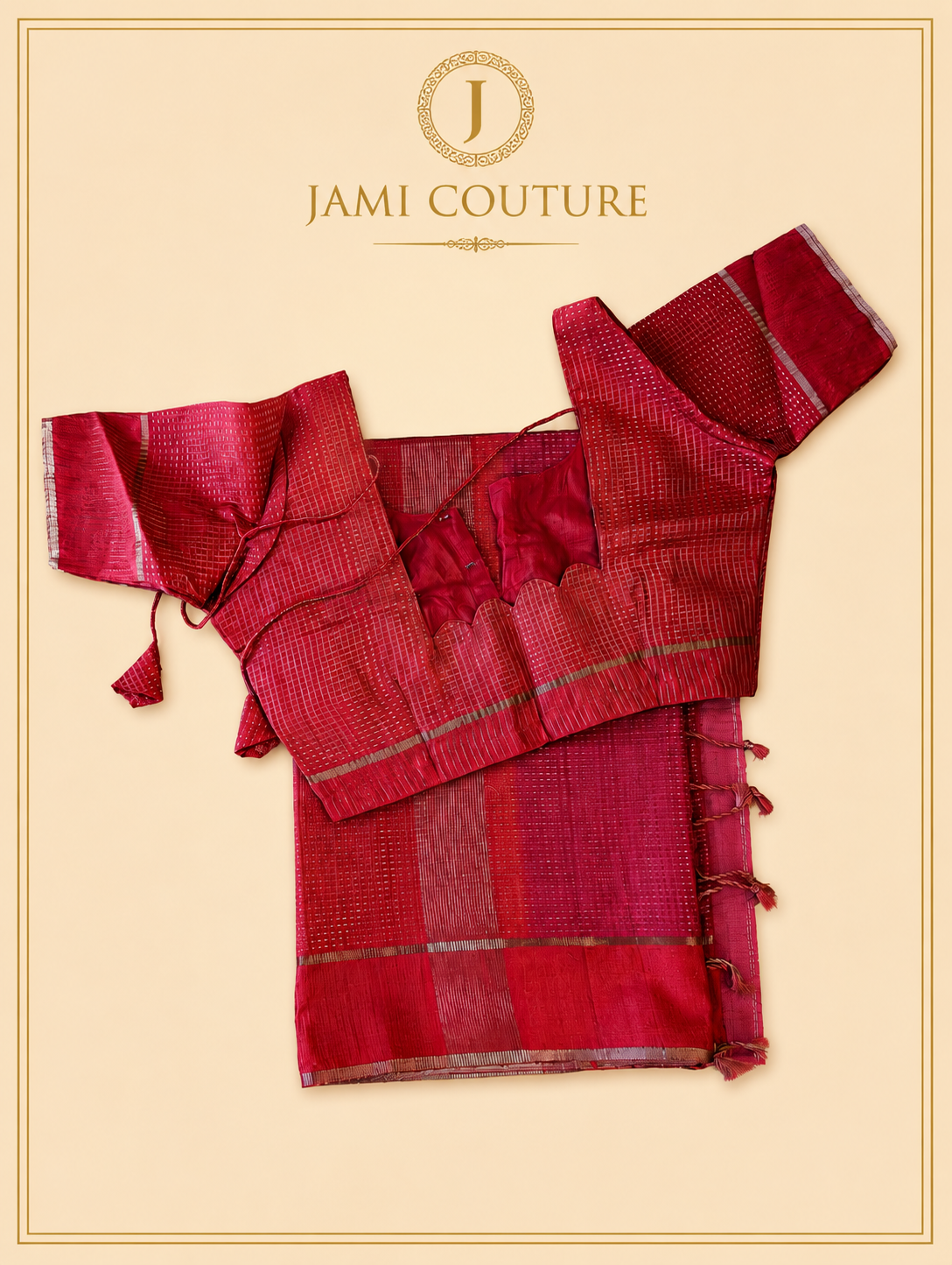 Crimson Red Handloom Silk Cotton Saree with Zari Check Weave | Matching Red Blouse
