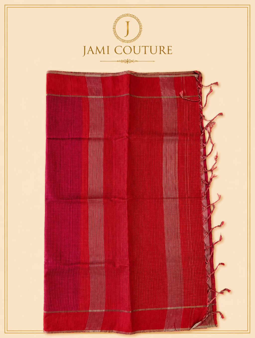 Crimson Red Handloom Silk Cotton Saree with Zari Check Weave | Matching Red Blouse