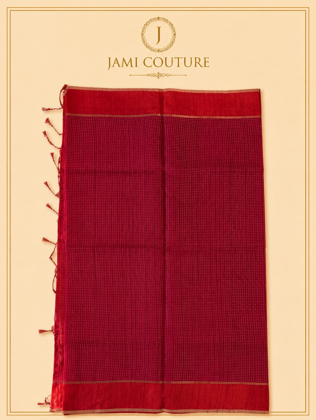 Crimson Red Handloom Silk Cotton Saree with Zari Check Weave | Matching Red Blouse