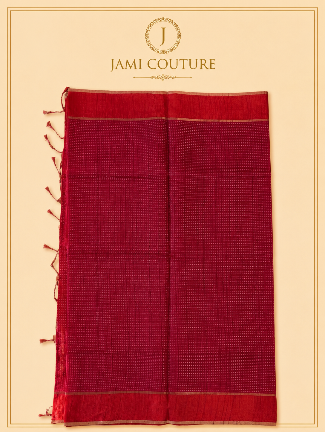 Crimson Red Handloom Silk Cotton Saree with Zari Check Weave | Matching Red Blouse