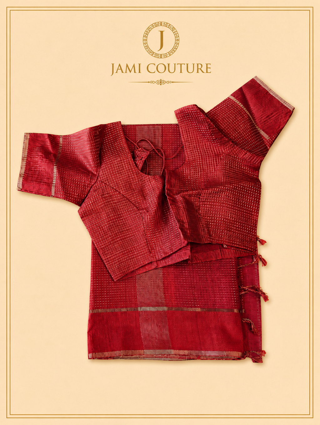 Crimson Red Handloom Silk Cotton Saree with Zari Check Weave | Matching Red Blouse