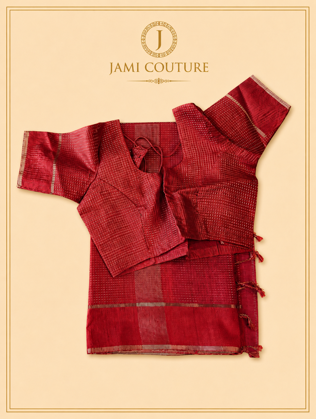 Crimson Red Handloom Silk Cotton Saree with Zari Check Weave | Matching Red Blouse